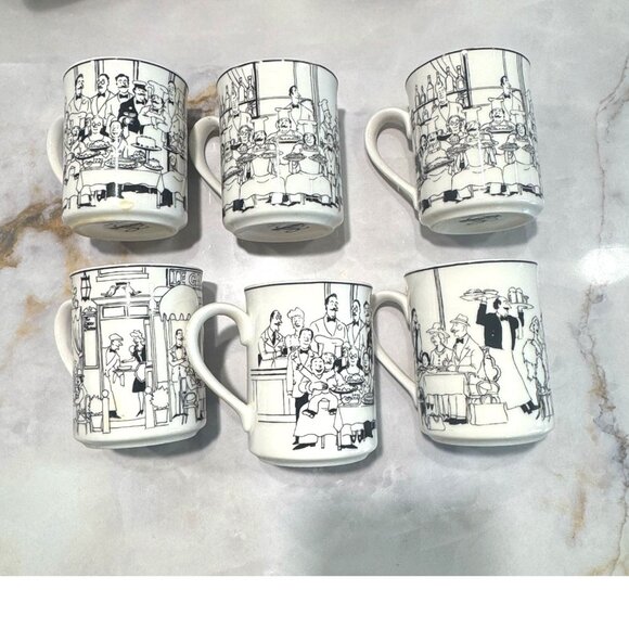 Epoch "Le Restaurant" Black & White Mug Set Of 6 Vintage Bistro Design 4" Tall - Picture 2 of 4